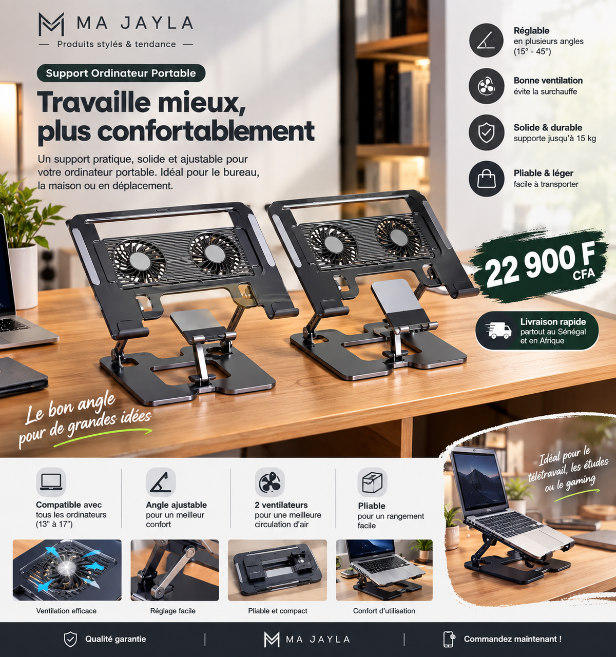 Support Ordinateur Portable Pliable avec Double Ventilateur