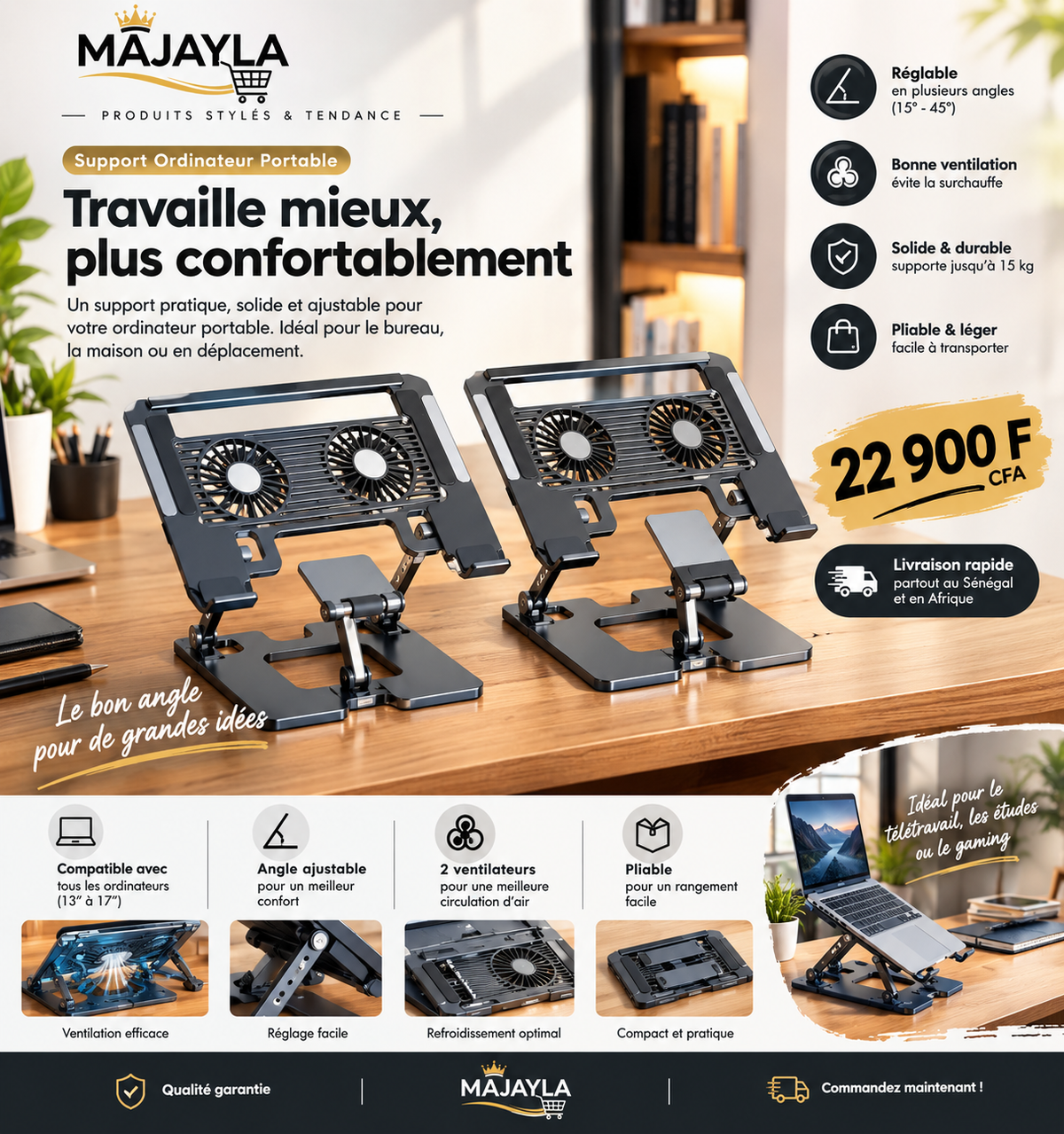 Support Ordinateur Portable Pliable avec Double Ventilateur